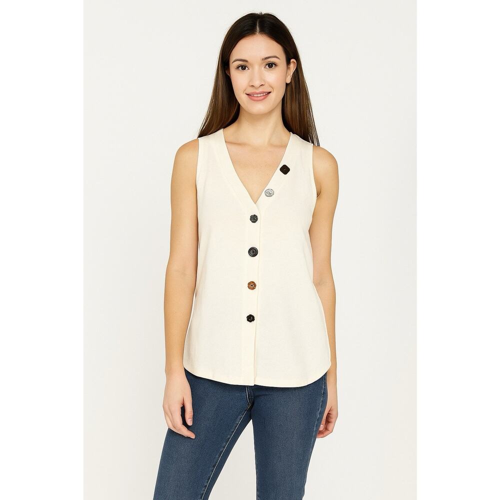 Soft Surroundings Sleeveless V-neck Vest Tank Top Medium Cream Artsy Buttons‎